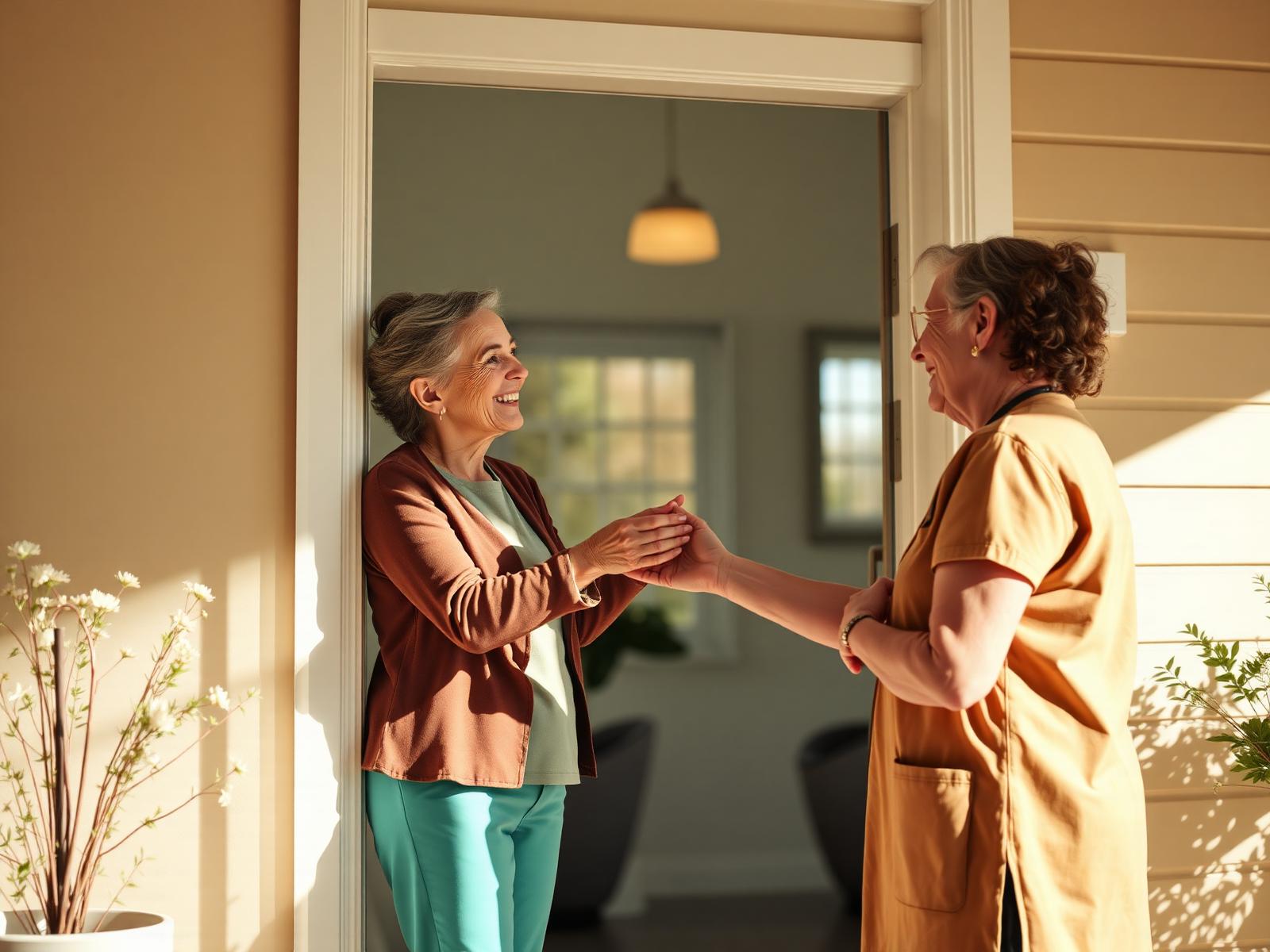 Caregiver welcoming a client at the door